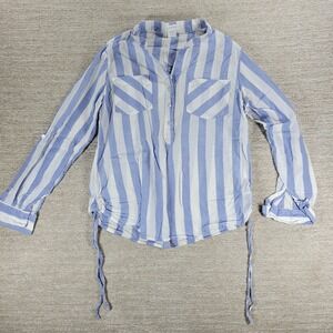 Love Potion Shirt Top M Blue White Striped Cotton Tab Sleeve Ruched Side Casual